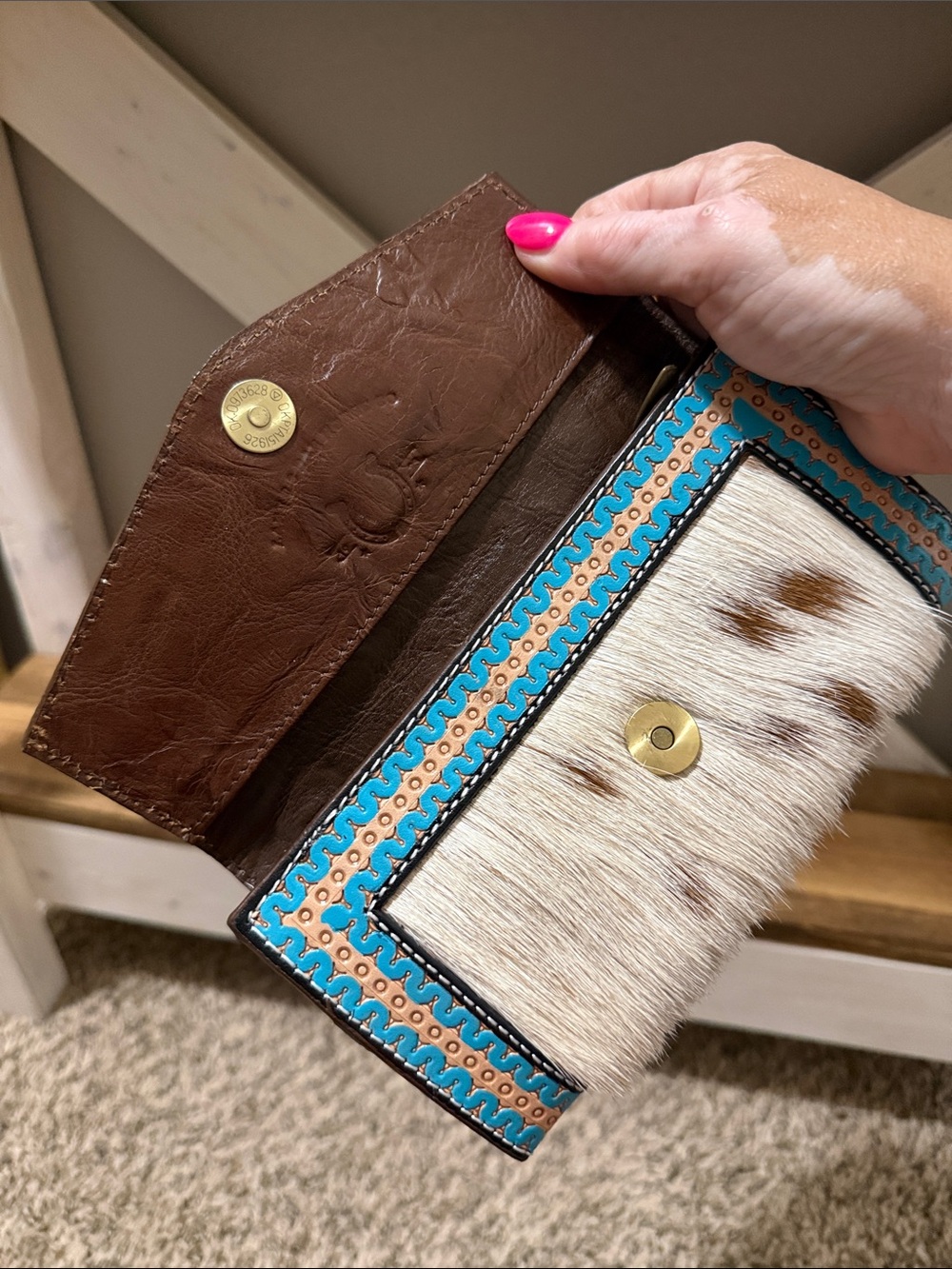 Genuine leather wallet-Handcrafted Leather Cowhide Wallet Tooled Turquoise; NWOT - Picture 6 of 12